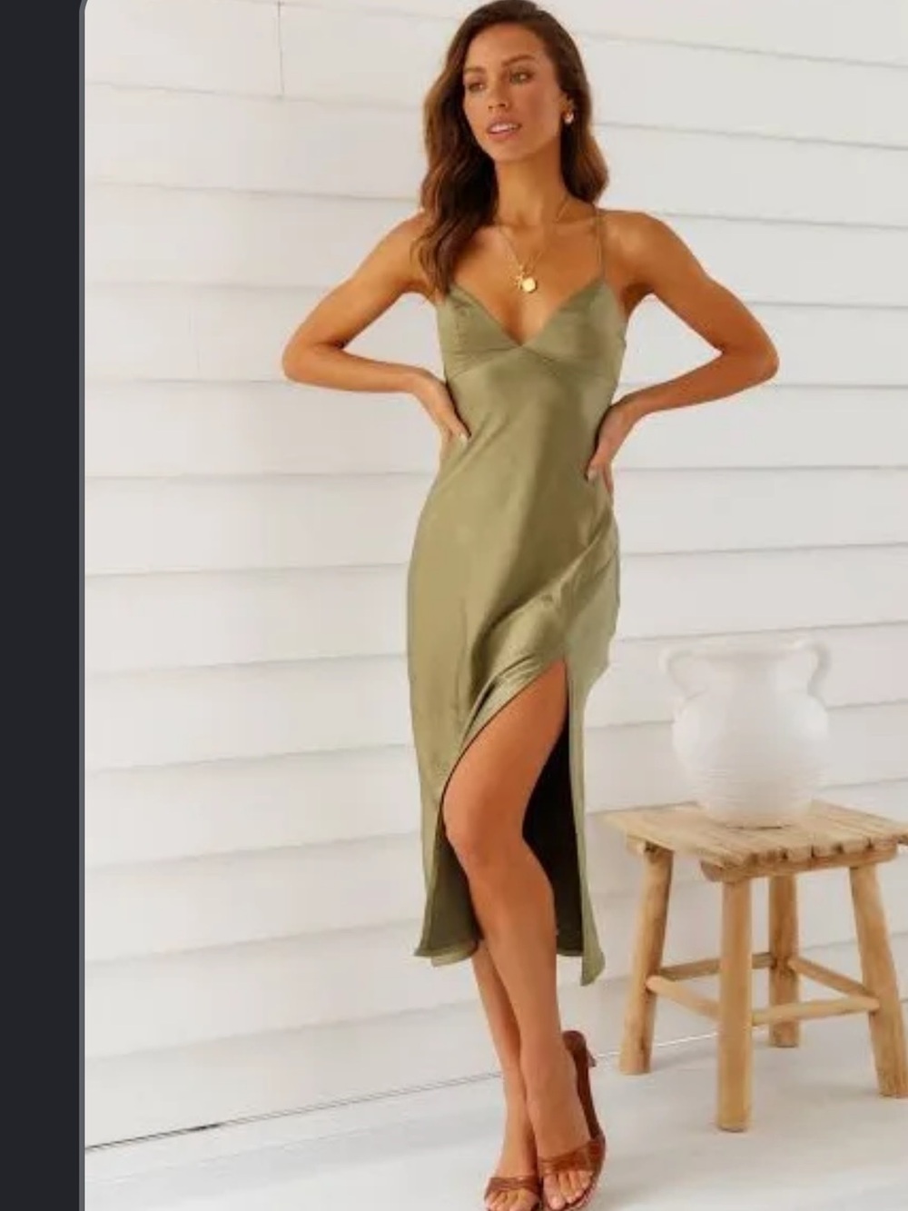 Hello Molly Olive yellowish Green Satin Midi Slip Dress with Thigh Slit
